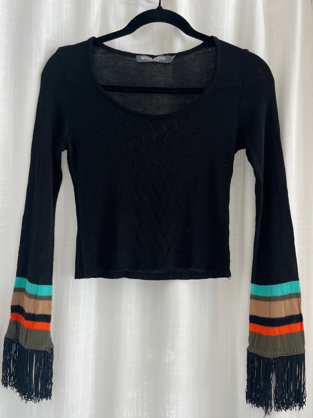 Bisou Bisou Vintage Black Scoop Crop Top with Multicolor Fringe Sleeves